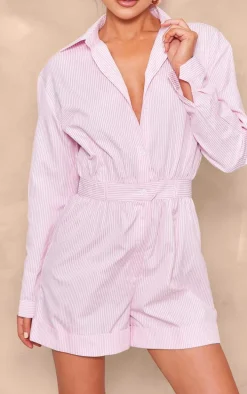 Pink Pinstripe Button Up Shirt Detail Romper