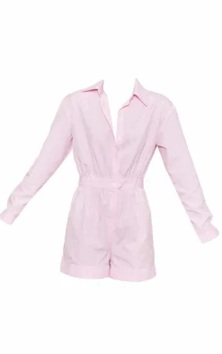 Pink Pinstripe Button Up Shirt Detail Romper