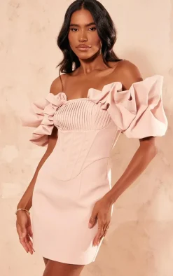 Pink Pleated Corset Detail Puff Sleeve Bodycon Dress