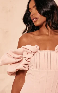 Pink Pleated Corset Detail Puff Sleeve Bodycon Dress