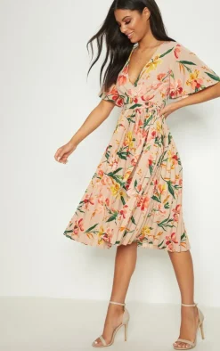 Pink Pleated Floral Midi Dress