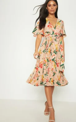 Pink Pleated Floral Midi Dress