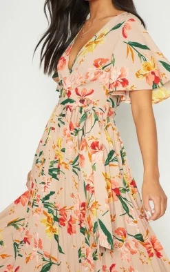Pink Pleated Floral Midi Dress