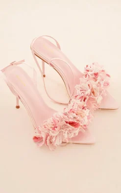 Pink Pointed Toe Barely There Petal Detail High Heeled Sandals