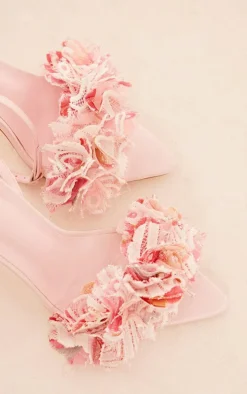 Pink Pointed Toe Barely There Petal Detail High Heeled Sandals