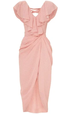 Pink Polka Dot Draped Lace Up Back Midi Dress