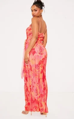 Pink Print Plisse Wrap Tie Maxi Dress