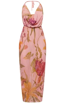 Pink Print Sheer Plisse Cowl Neck Maxi Dress