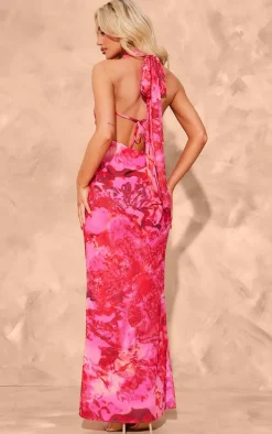Pink Printed Chiffon Halterneck Maxi Dress