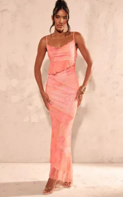 Pink Printed Mesh Frill Cowl Back Maxi Dress