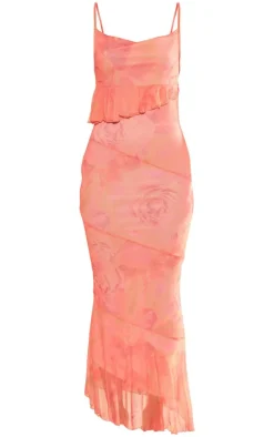 Pink Printed Mesh Frill Cowl Back Maxi Dress