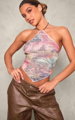 Pink Printed Mesh Halter Neck Crop Top
