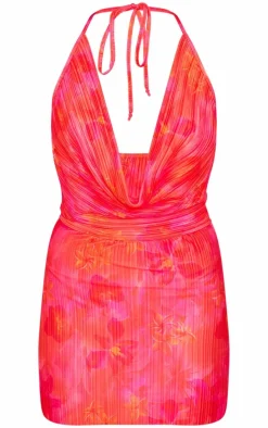 Pink Printed Plisse Cowl Neck Mini Dres