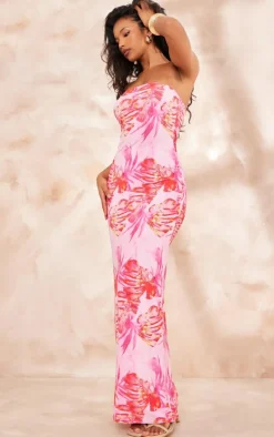 Pink Printed Slinky Bandeau Maxi Dress