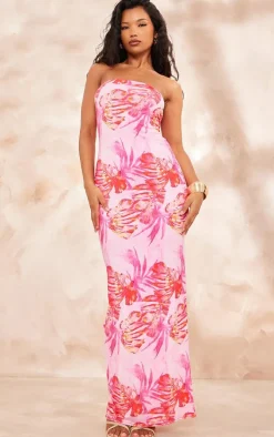 Pink Printed Slinky Bandeau Maxi Dress