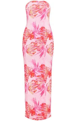 Pink Printed Slinky Bandeau Maxi Dress