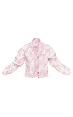 Pink Printed Textured Faux Leather Oversized Bomber Jacket