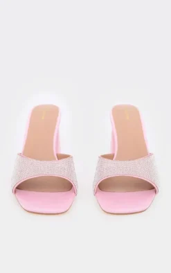 Pink PU Diamante Block Heeled Mules