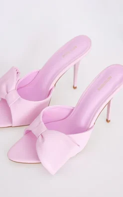 Pink PU Point Toe Half Bow Heeled Mules