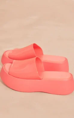 Pink PU Round Toe Chunky Platform Slider Sandals