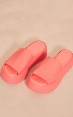 Pink PU Round Toe Chunky Platform Slider Sandals