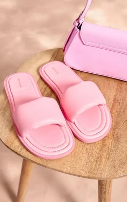Pink Pu Round Toe Contrast Slider Sandals