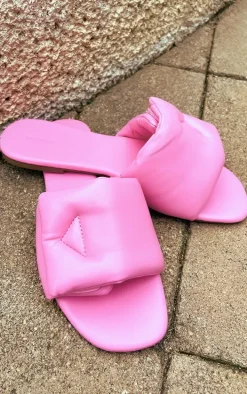 Pink PU Round Toe Padded Velcro Strap Slider Sandals