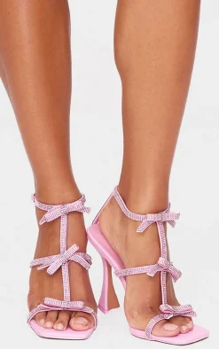 Pink PU Square Toe Diamante Bow Heeled Sandals