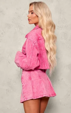 Pink Raw Hem Cropped Denim Jacket