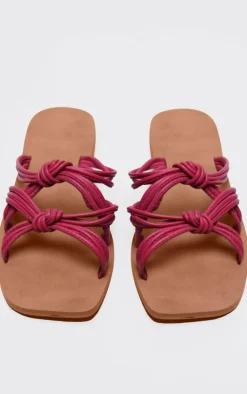 Pink Real Leather Square Toe Knotted Strap Flat Sandals
