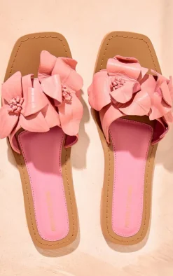 Pink Real Leather Square Toe Corsage Strap Detail Flat Sandals