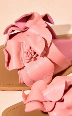 Pink Real Leather Square Toe Corsage Strap Detail Flat Sandals