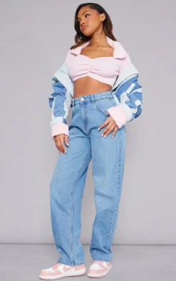 Pink Rib Knit Faux Fur Trim Ruched Front Crop Top