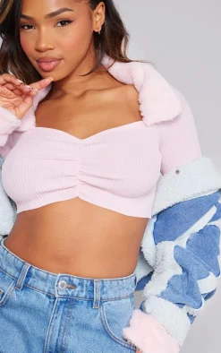 Pink Rib Knit Faux Fur Trim Ruched Front Crop Top
