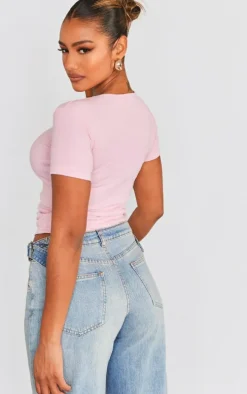 Pink Ribbed Short Sleeve T Shirt