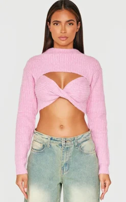 Pink Ribbed Twist Front Cut Out Sweater