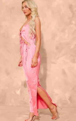 Pink Satin Bow Lace Up Cami Dress