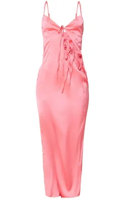 Pink Satin Bow Lace Up Cami Dress