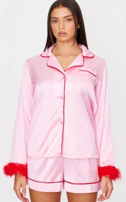 Pink Satin Contrast Feather Trim Short Pj Set