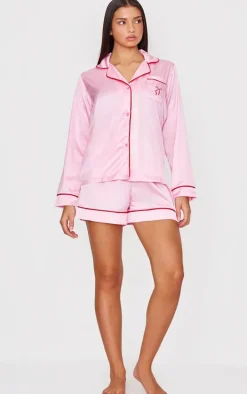 Pink Satin Embroidered Bow Short Pj Set