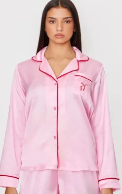 Pink Satin Embroidered Bow Short Pj Set
