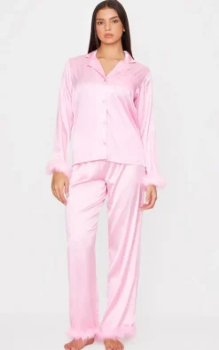Pink Satin Faux Feather Trim Long Pj Set