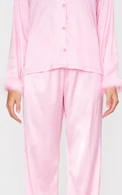 Pink Satin Faux Feather Trim Long Pj Set