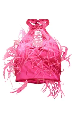 Pink Satin Halter Neck Feather Detail Top