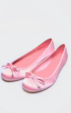 Pink Satin Round Toe Bow Detail Ballet Flats