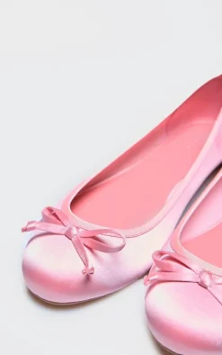 Pink Satin Round Toe Bow Detail Ballet Flats