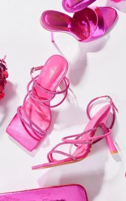 Pink Satin Square Toe Diamante Strappy High Heeled Sandals