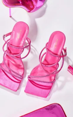 Pink Satin Square Toe Diamante Strappy High Heeled Sandals