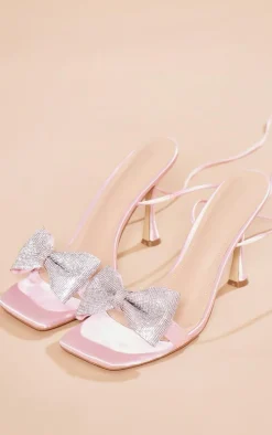 Pink Satin Square Toe Diamante Bow Strappy Lace Up Heeled Sandals