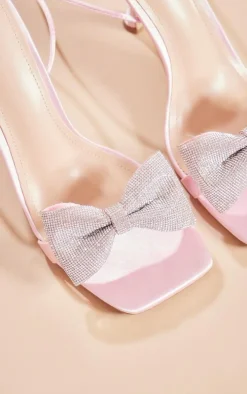 Pink Satin Square Toe Diamante Bow Strappy Lace Up Heeled Sandals